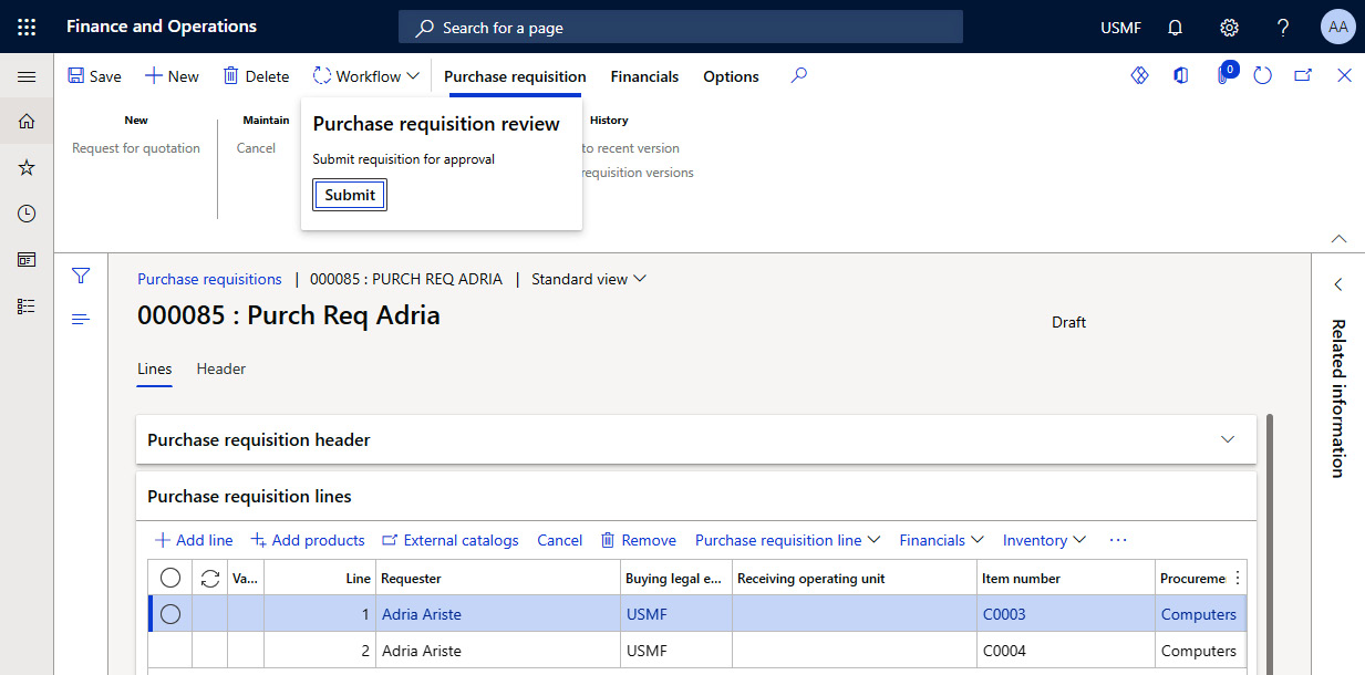 Figure 4.22 – Sending the purchase requisition for approval