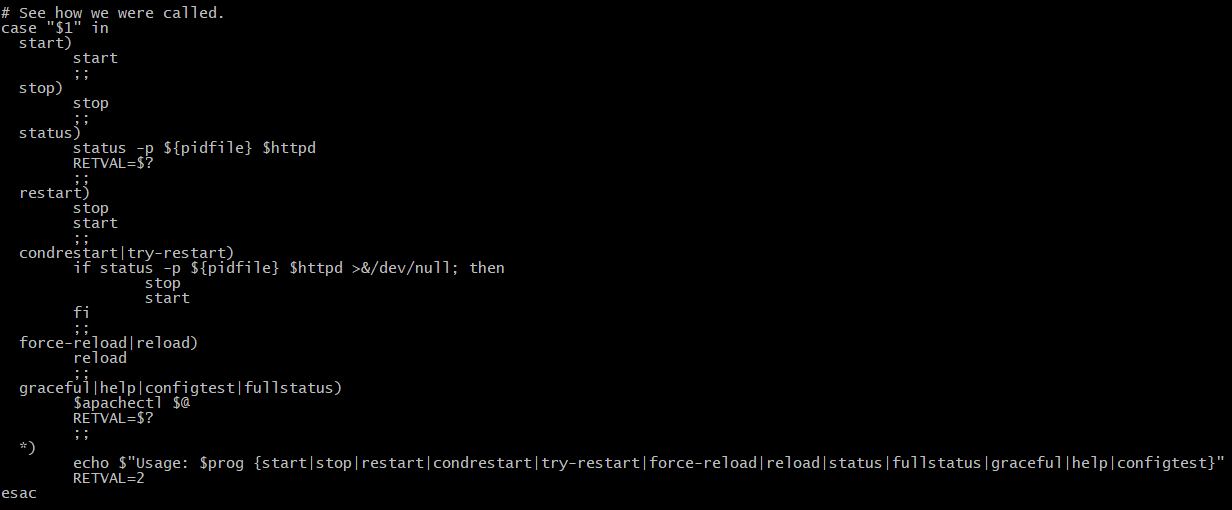 Figure 1.2 – The start, stop, restart, reload section of an init script