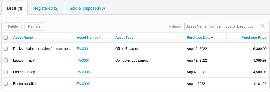 Figure 10.6: Draft fixed assets screen