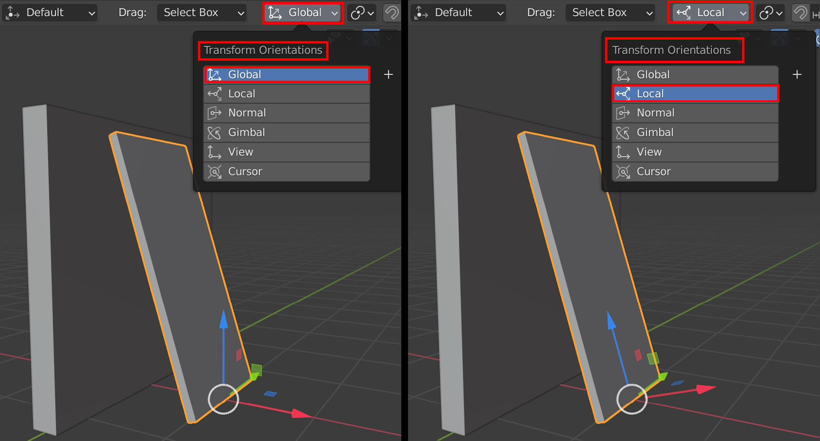 Figure 1.7 – (A) Using Global (Transform Orientations); (B) Using Local (Transform Orientations)
