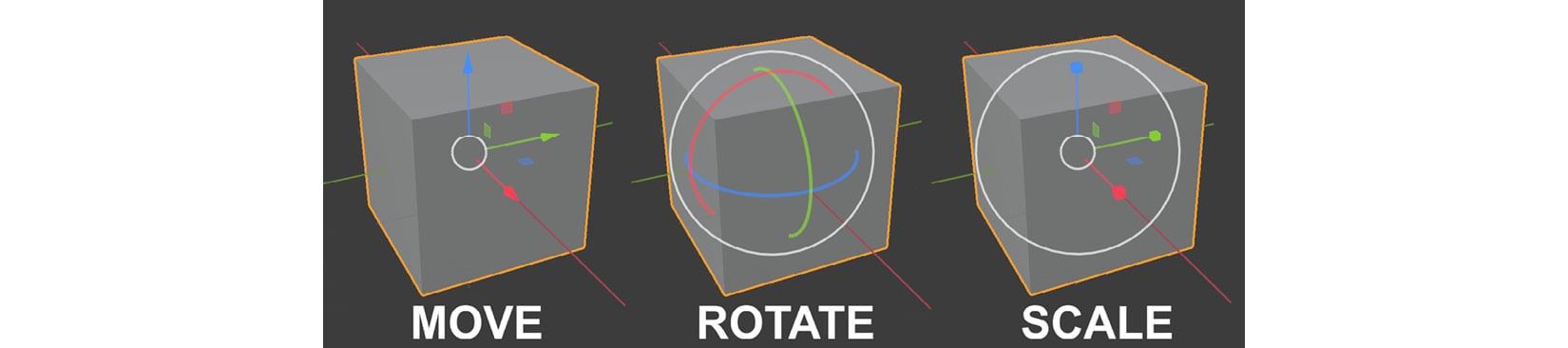 Figure 1.9 – The Object Gizmos overlaid over a 3D cube model for move, rotate, or scale
