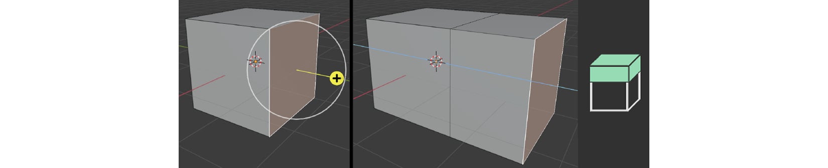 Figure 1.11 – (Left) Using the Extrude tool; (Right) The Extrude Region tool icon
