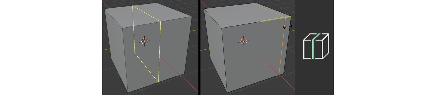 Figure 1.13 – (Left) Using the Loop Cut tool; (Right) The Loop Cut tool icon
