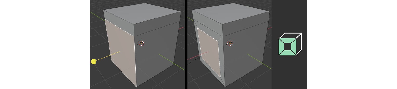 Figure 1.14 – (Left) Using the Inset Face tool; (Right) The Inset Faces tool icon
