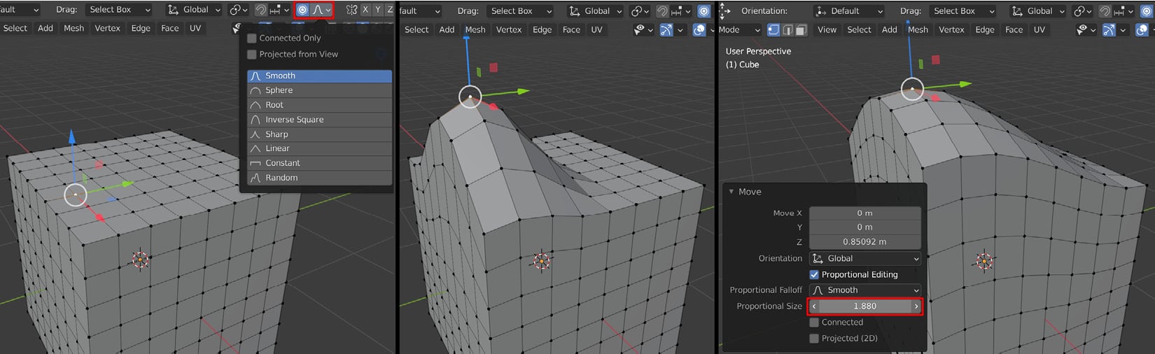 Figure 1.16 – (A) Selecting Proportional Editing; (B) Moving a vertex with roportional Editing turned on; (C) Adjusting the fall-off
