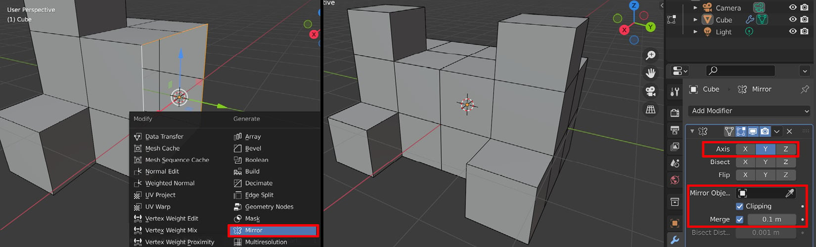 Figure 1.18 – (A) Selecting the Mirror modifier; (B) The settings for the Mirror modifier
