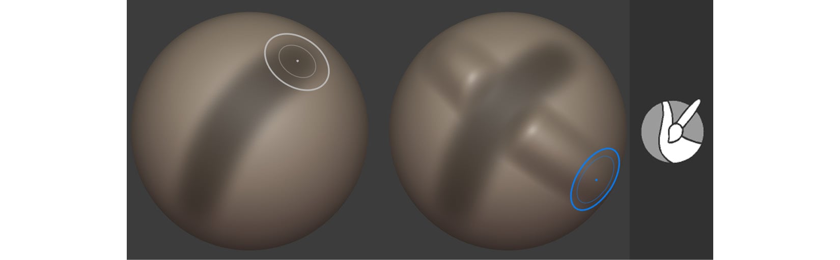 Figure 1.26 – (Left) (A) Painting a mask on a mesh; (B) The masking effect in action, demonstrated by brushing over the masked area with the Draw brush; (Right) The Mask brush icon
