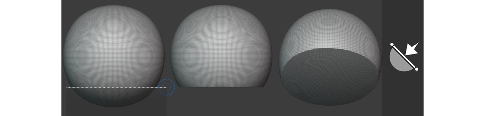 Figure 1.27 – (Left) (A) Drawing the guideline; (B) Observing the flattened mesh area; (C) Another view of the mesh; (Right) The Line Project icon
