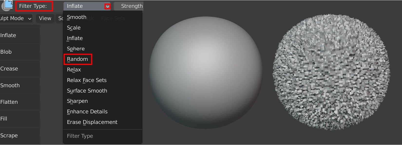 Figure 1.28 – (Left) The mesh filter drop-down menu in the Header bar; (Right) (A) A subdivided sphere on the left; (B) The same sphere with a Noise effect applied
