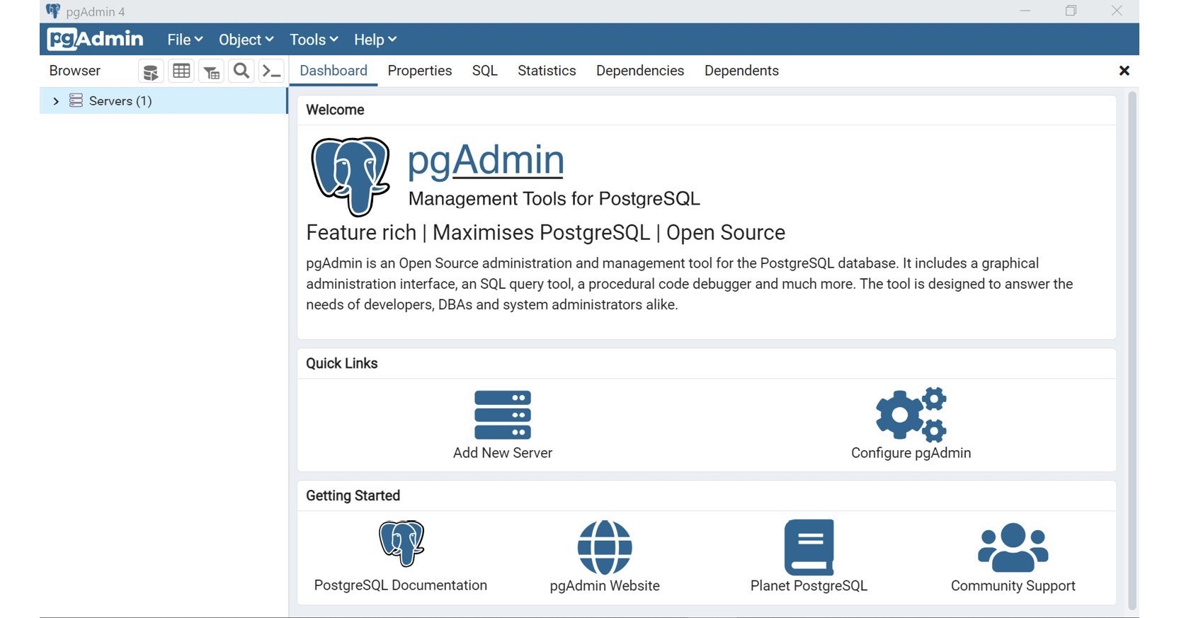 Figure 2.3: pgAdmin initial interface
