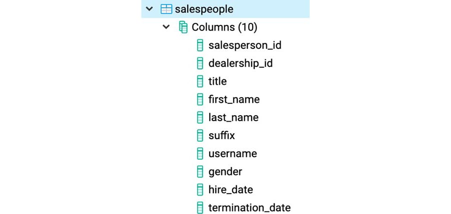 Figure 2.24: Schema of the salespeople table
