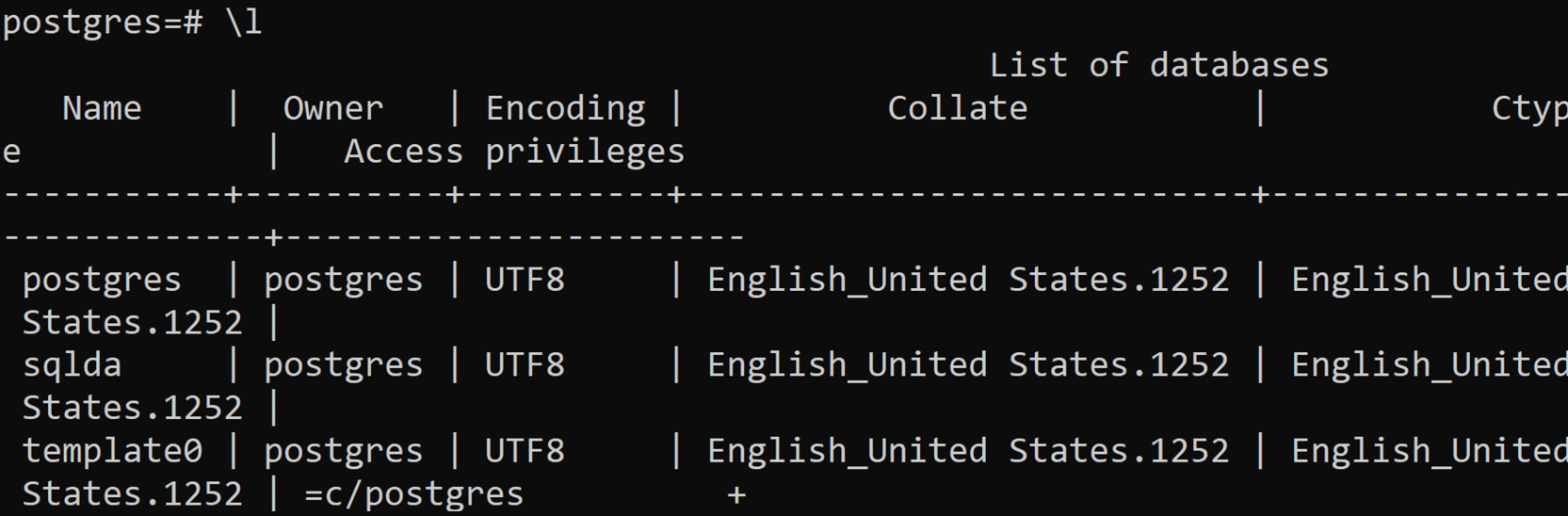 Figure 0.23: PostgreSQL list of databases
