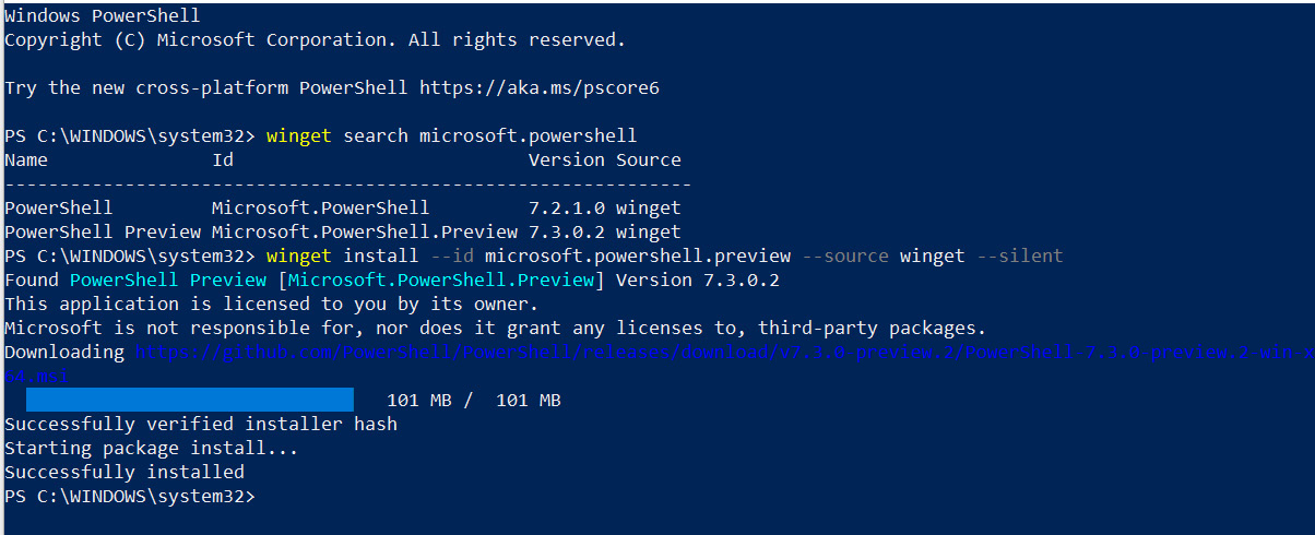 Figure 1.7 – Silently installing PowerShell with winget