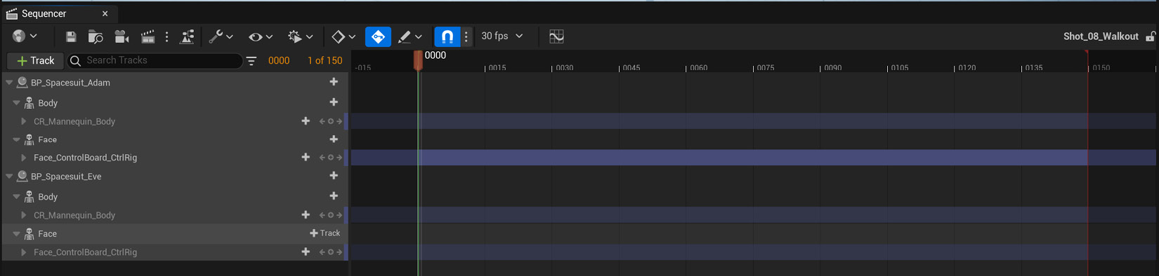 Figure: 9.13: The Level Sequencer with both characters added and tracks muted