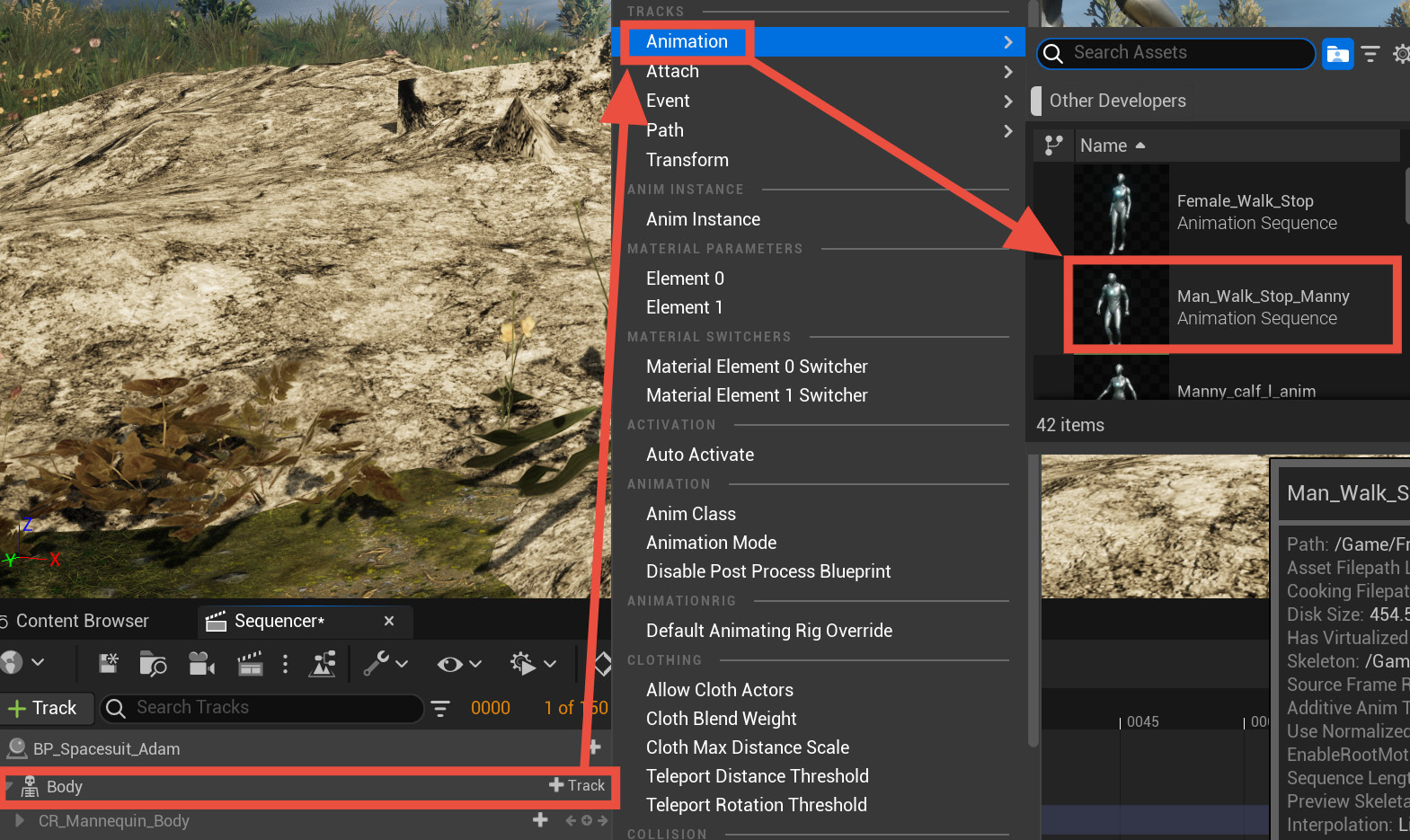 Figure 9.15: Adding the walk sequence to the Adam character