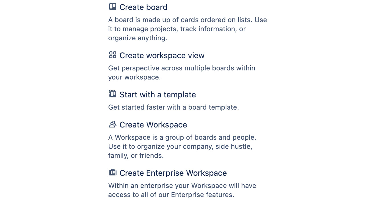 Figure 1.3 – Create options in Trello