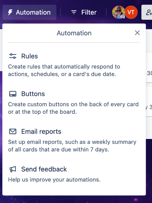 Figure 6.1 – Automation menu from Trello toolbar