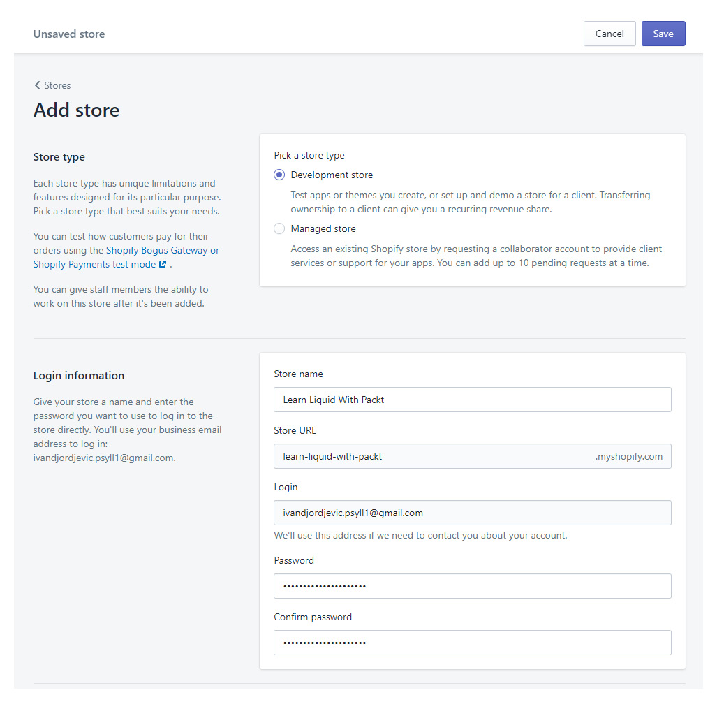 Figure 1.2 – Example of creating the Development store
