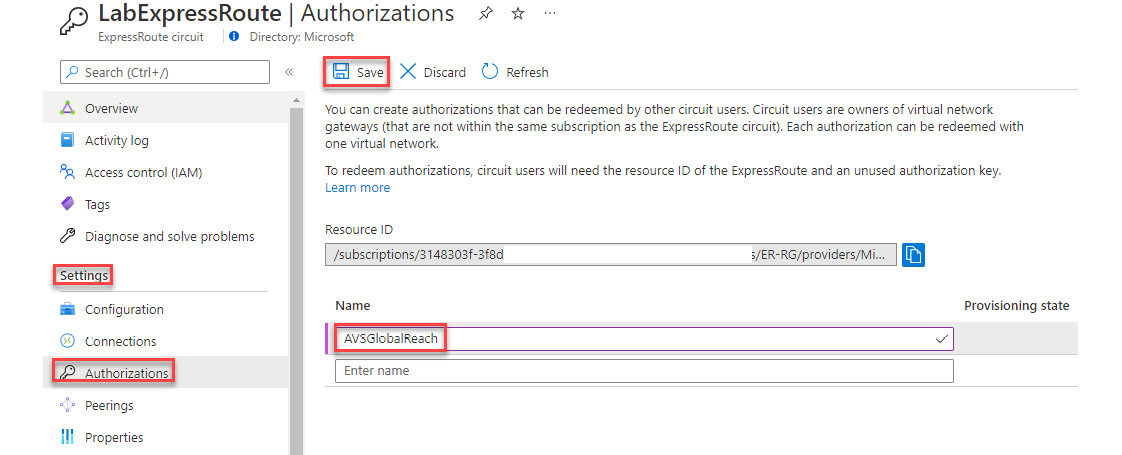 Figure 4.18 – Requesting an authorization key from an on-premises circuit