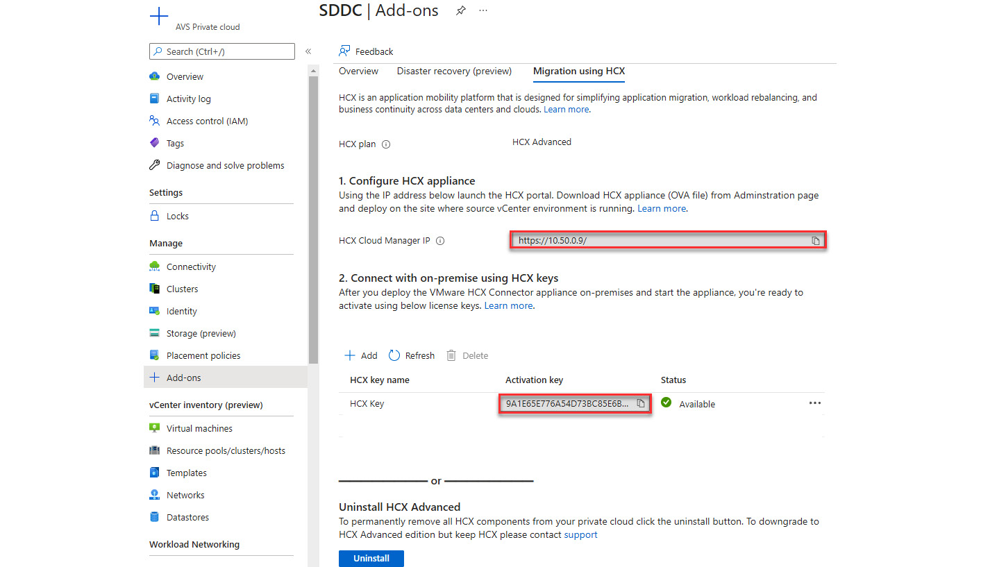 Figure 5.3 – HCX Manager URL an﻿d HCX keys