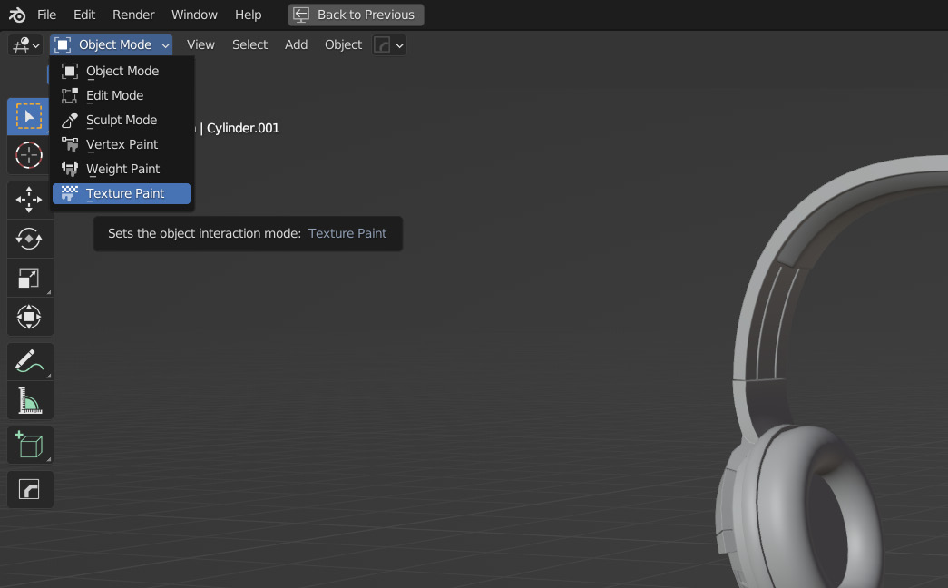 Figure 5.1 – Selecting Texture Paint mode in the viewport