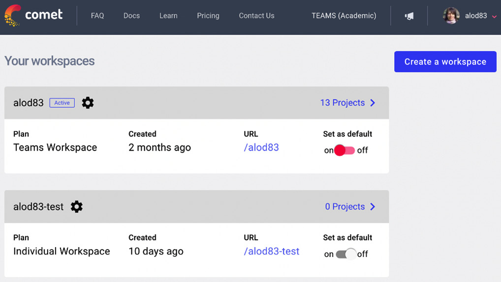 Figure 1.3 – An account with two workspaces
