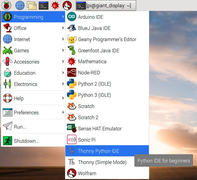 Figure 1.14 – Thonny IDE location on the Raspberry Pi Desktop