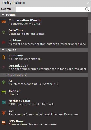 Figure 1.18 – The Entity Palette in Maltego
