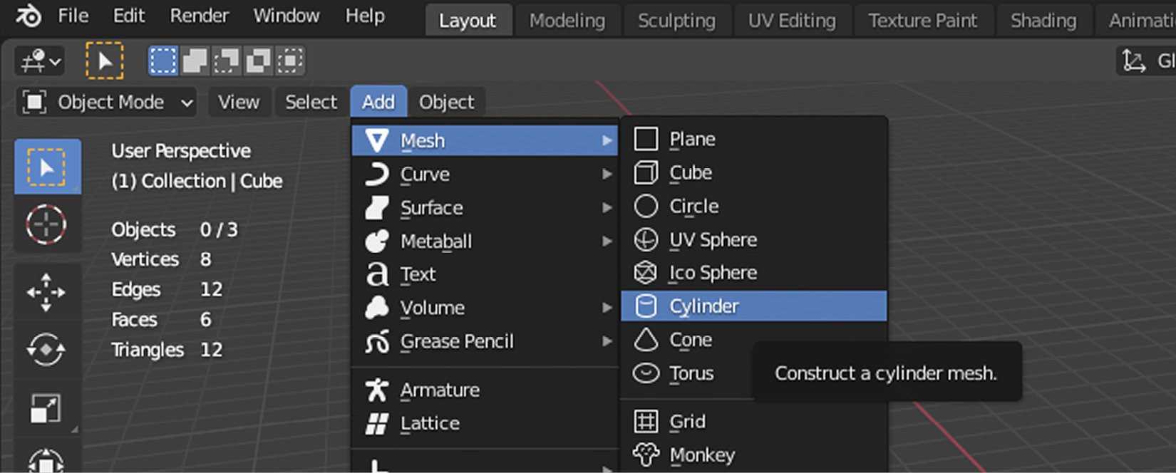 Figure 1.5 – You can add many types of primitives to your scene
