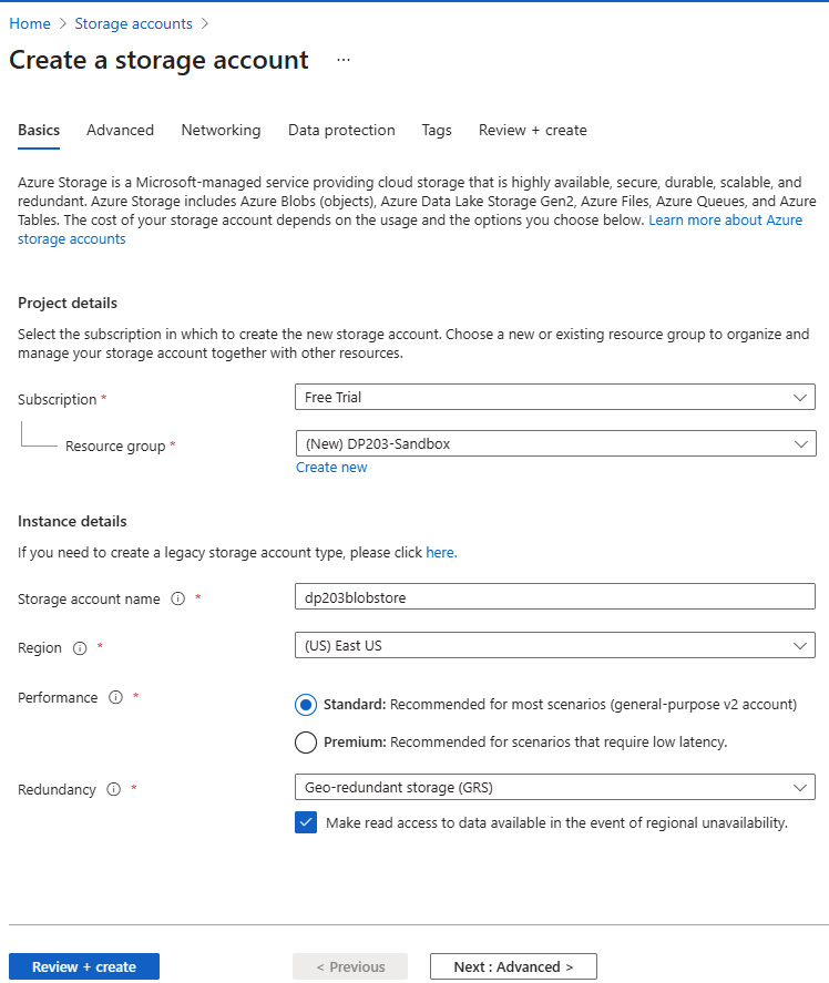 Figure 1.6 – Creating a storage account using the Azure portal
