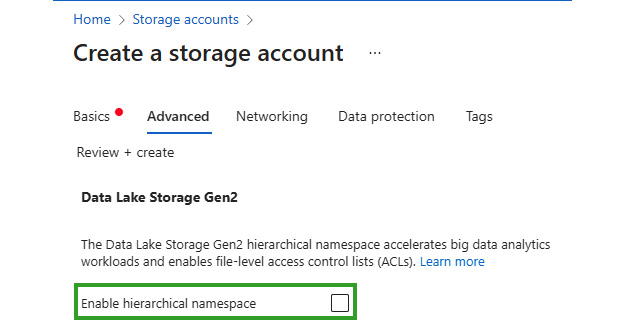 Figure 1.7 – Selecting Data Lake Storage Gen2 (Enable hierarchical namespace) 
while creating an Azure Storage instance
