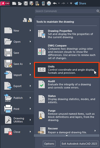 Figure 1.21: The Units option in the application menu
