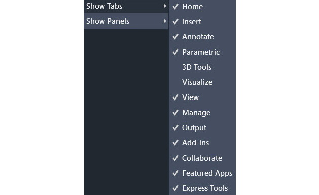 Figure 1.6: The Show Tabs and Show Panels options
