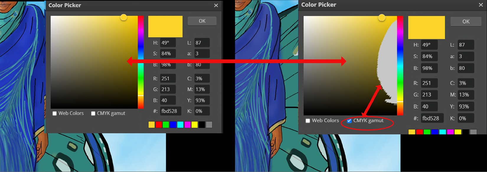 Figure 1.11 – The Colors available in RGB vs CMYK in the Color Picker