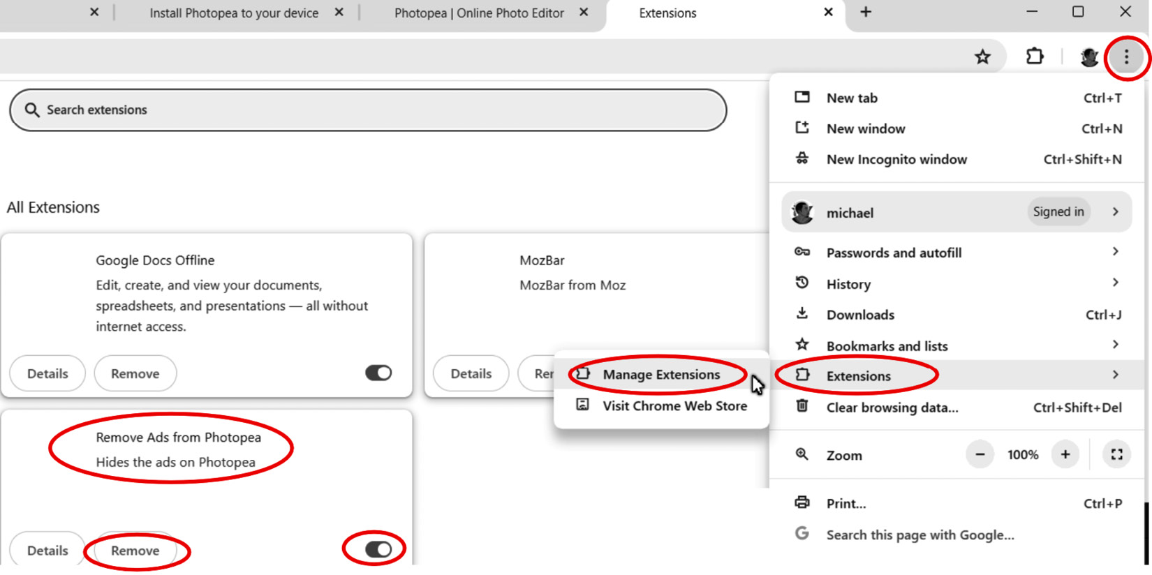 Figure 1.5 – Remove or Disable the Remove Ads from Photopea Extension