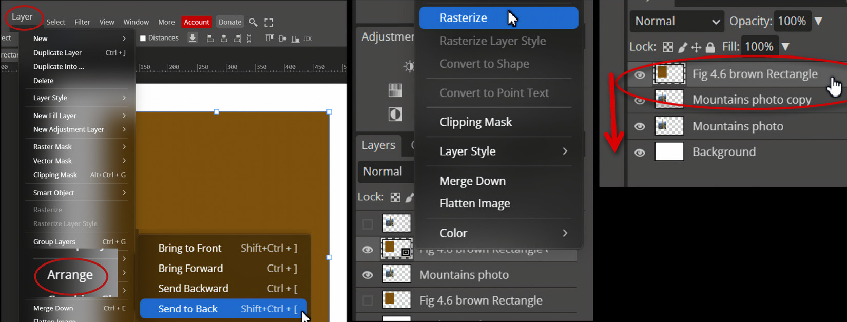 Figure 4.6 – Convert rectangle to raster layer and send to back of Mountains photo