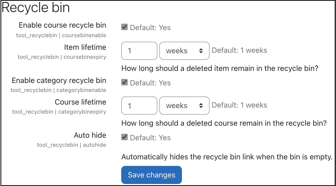 Figure 2.18 – Moodle’s Recycle bin settings
