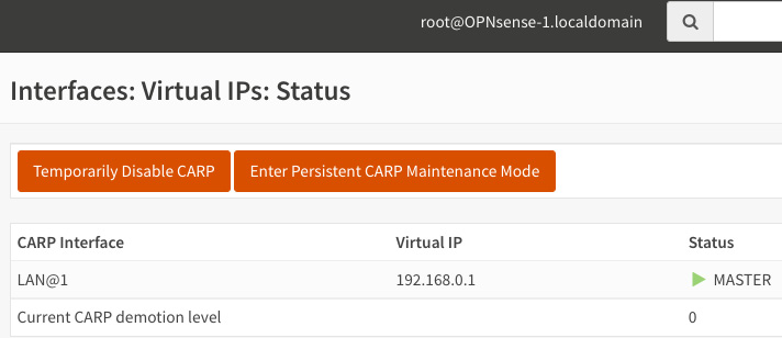 Figure 17.9 – OPNsense-1 (master) running the CARP virtual IP