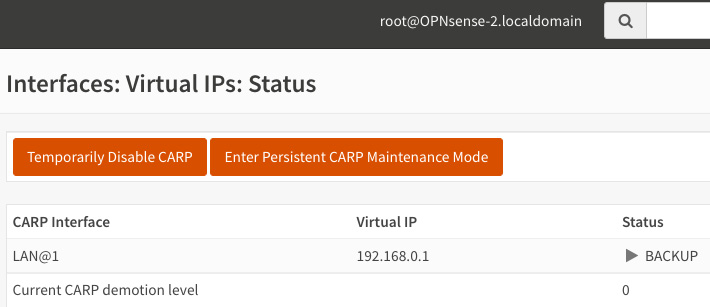 Figure 17.10 – OPNsense-2 (backup) running the CARP virtual IP