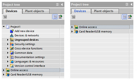 Figure 1.7 – Project tree differences when a device is added (left) compared to no device added (right)
