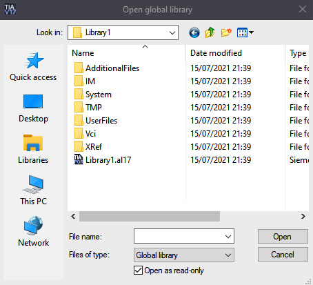 Figure 1.24 – Open dialog for a global library
