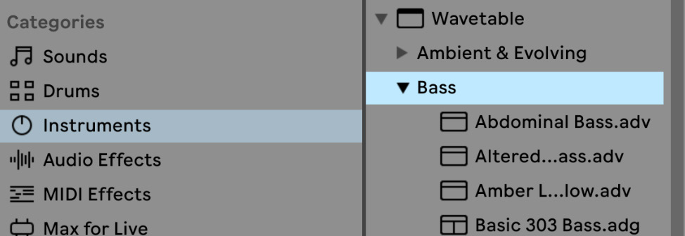 Figure 1.4 – Bass presets of the Wavetable instrument