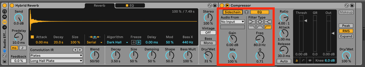 Figure 16.12 – The Hybrid Reverb and Compressor devices grouped into an Audio Effect Rack, and the Sidechain section is open and enabled in the Compressor device