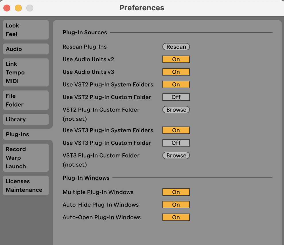 Figure 17.9 – The Plug-Ins tab in Live’s Preferences