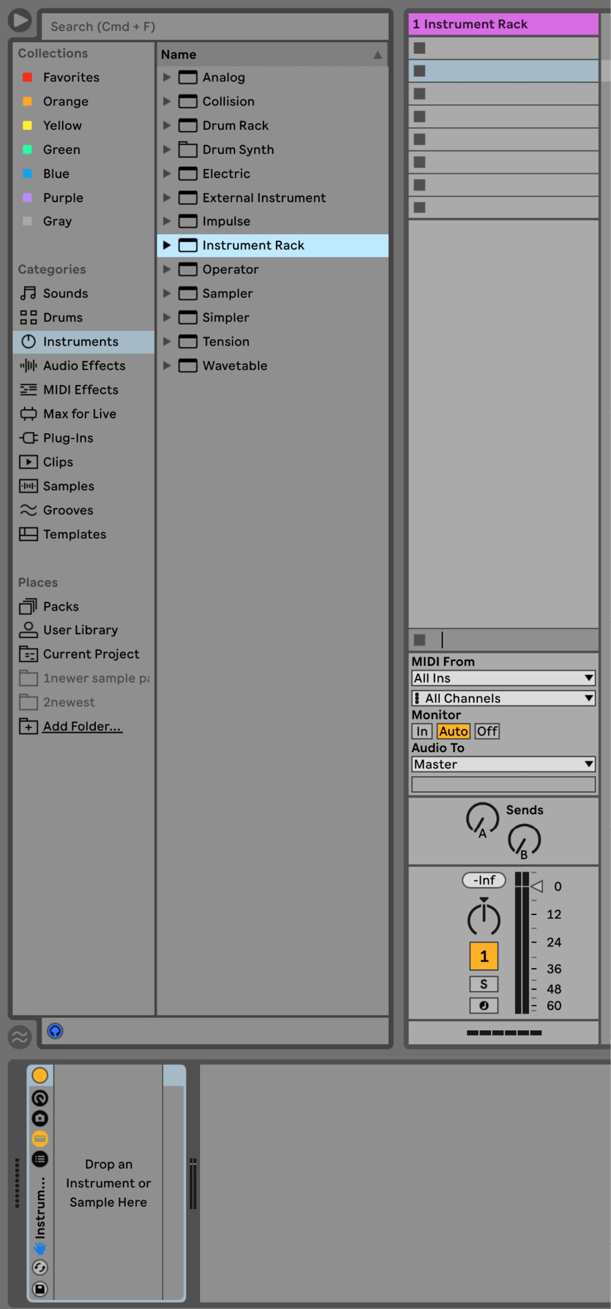 Figure 8.2 – The empty Instrument Rack dropped onto an empty MIDI track