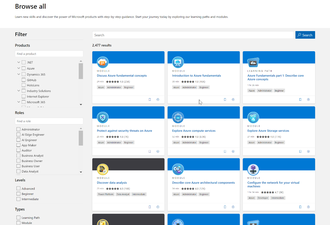 Figure 1.6 – Browsing all content in Microsoft Learn
