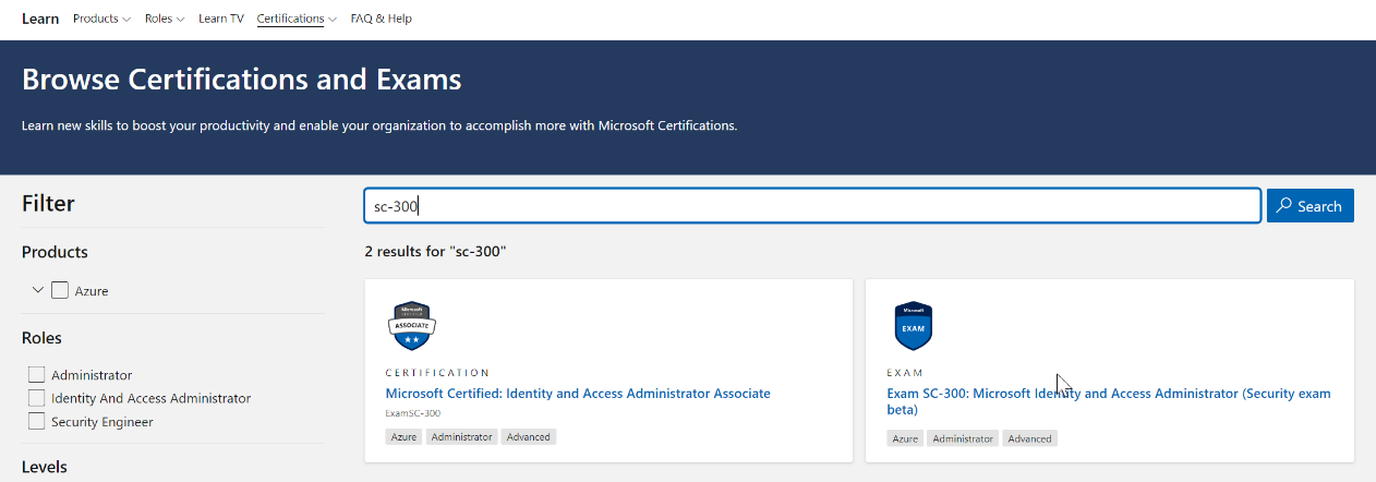 Figure 1.7 – Browsing for the SC-300 exam