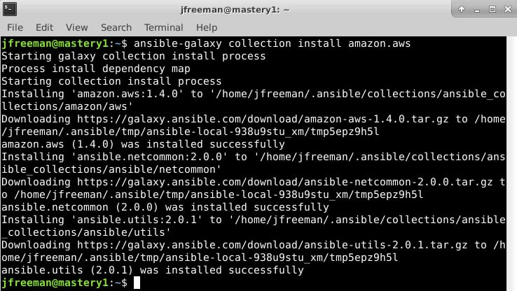 Figure 1.2 – The installation of the amazon.aws collection using ansible-galaxy
