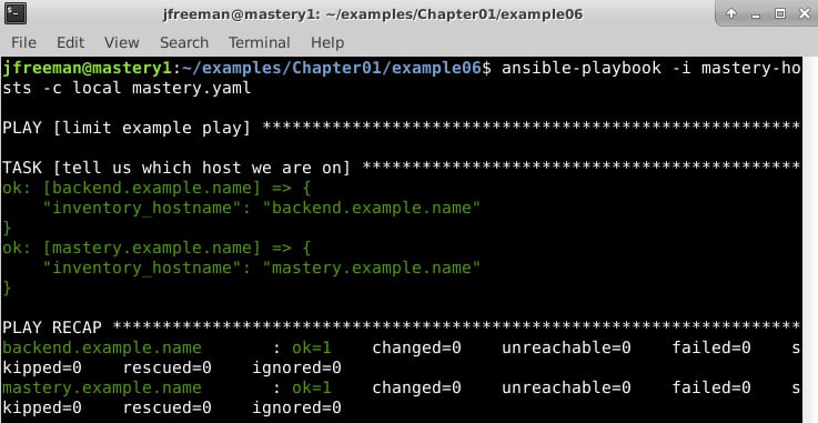 Figure 1.6 – Running the simple playbook on an inventory without a limit applied
