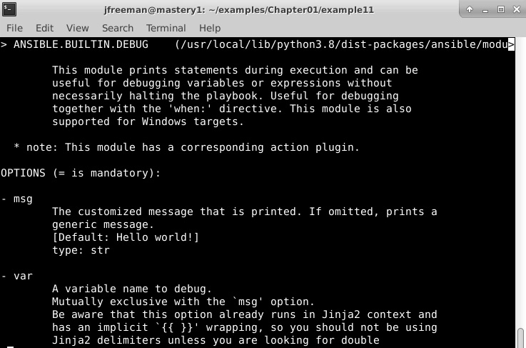 Figure 1.11 – An example of the output from the ansible-doc command run on the debug module
